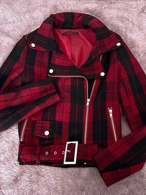 Plaid Red and Black Belted Moto Jacket